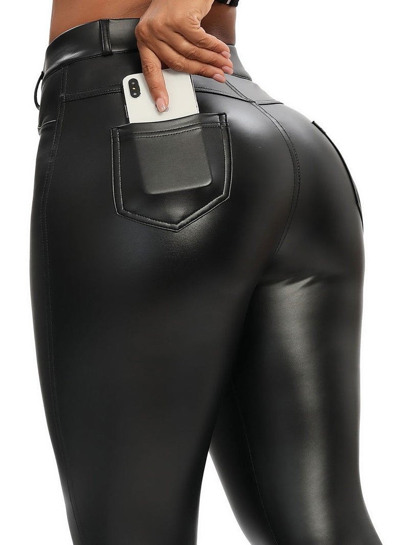Leggings femininas de couro Wetlook cintura alta aparência de couro  sintético com bolsos